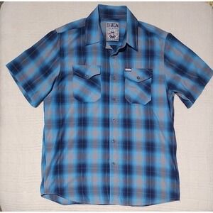 Dixxon Marshall Shirt Mens Large Blue White Plaid Bamboo Blend Button Front